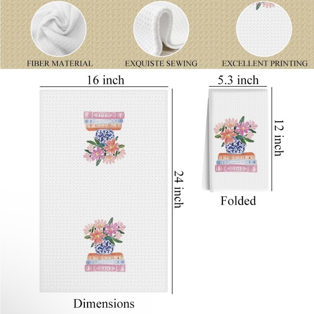 Floral Vase Over Book Stack Kitchen Towel Set of 2 - Picture 2 of 4